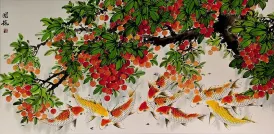 Large Koi Fish and Lychee Fruit Painting