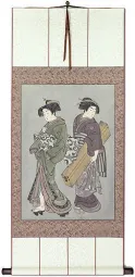 Geisha & Servant Carrying Shamisen - Japanese Print Repro - Large Wall Scroll