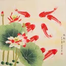 Large Koi Fish and Lotus Flowers Asian Art