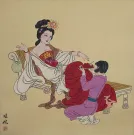 Large Antique-Style Asian Woman and Servant Girl Painting