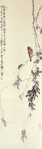 Bird on a Branch - Bird and Flower Wall Scroll close up view