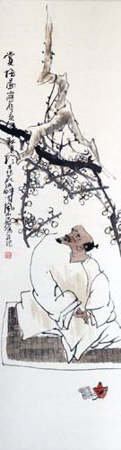 Enjoying the Plum Blossoms - Wall Scroll close up view