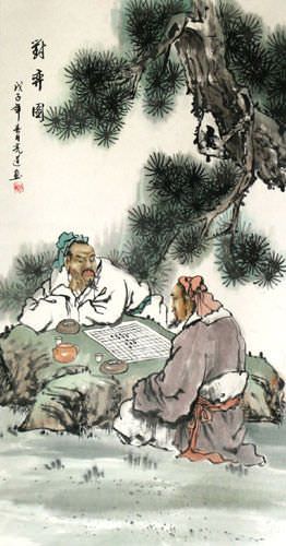 Chinese Men Playing Weiqi Chess Wall Scroll close up view