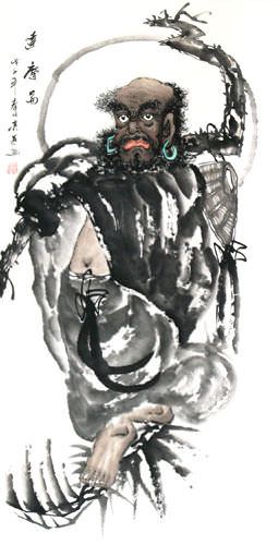 Big Damo Buddha Wall Scroll close up view