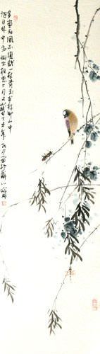 Bird on a Branch - Bird and Flower Chinese Scroll close up view