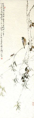 Bird and Grasshopper on a Branch - Chinese Scroll close up view