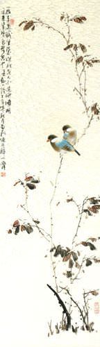 Birds on a Branch - Bird and Flower Chinese Scroll close up view