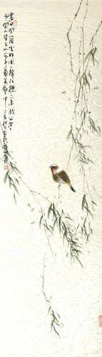 Bird Song in the Mountains - Bird and Flower Wall Scroll close up view
