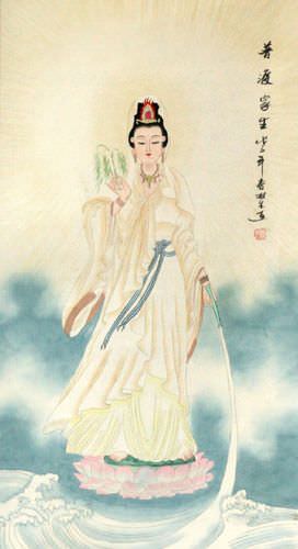 Guanyin Buddha Wall Scroll close up view