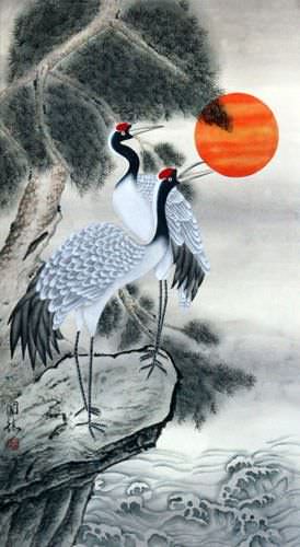 Antique-Style Cranes Wall Scroll close up view