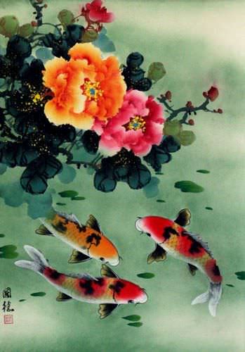Koi Fish Peony Flower Painting Chinese Wall Scroll