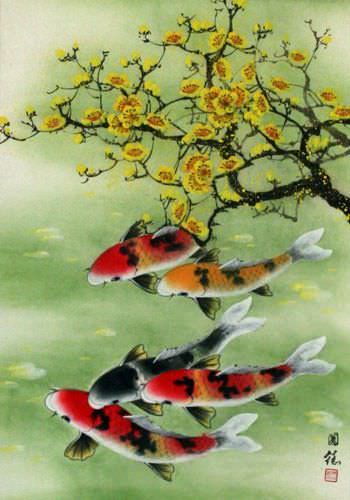 Koi Fish & Plum Blossoms - Asian Silk Scroll close up view