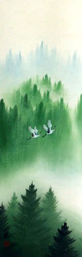 Companions Asian Cranes Landscape Wall Scroll close up view