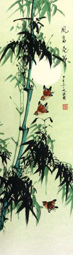 Chinese Birds and Bamboo Wall Scroll close up view
