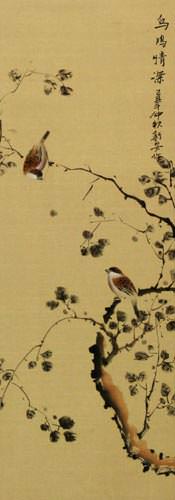 The Couple's Gaze - Bird and Flower Wall Scroll close up view