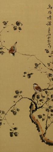 The Couple's Gaze - Chinese Bird and Flower Wall Scroll close up view