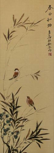Summer Wishes - Chinese Bird and Flower Wall Scroll close up view