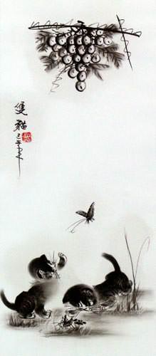 Charcoal Kittens Butterfly, Cricket & Grapes Wall Scroll close up view