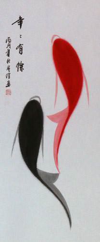 Yin Yang Koi Fish Chinese Scroll close up view