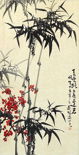 Huge Chinese Bamboo and Plum Blossom Wall Scroll close up view