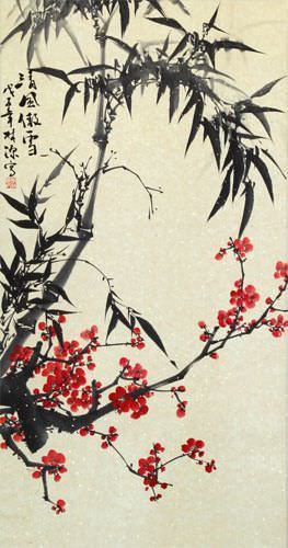 Huge Bamboo and Plum Blossom Wall Scroll close up view