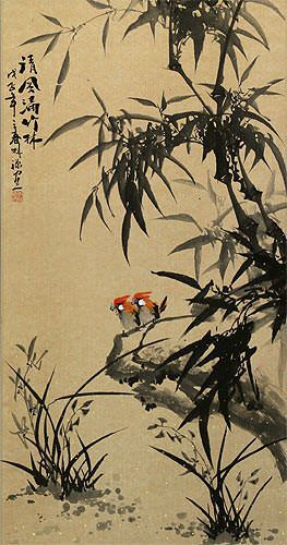 Chinese Black Ink Bamboo and Birds Wall Scroll close up view
