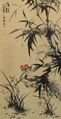 Chinese Black Ink Birds and Bamboo Wall Scroll close up view
