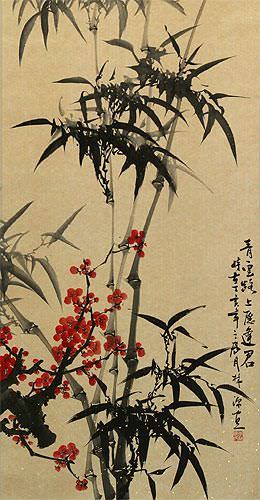 Black Ink Bamboo and Plum Blossom Asian Scroll close up view