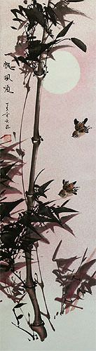 Black Ink Bamboo and Birds Wall Scroll close up view