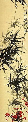 Black Ink Bamboo and Plum Blossom Chinese Scroll close up view