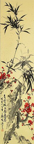 Black Ink Bamboo and Plum Blossom Wall Scroll close up view