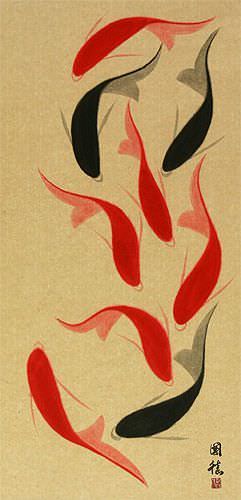 Large Nine Abstract Koi Fish Oriental Wall Scroll close up view