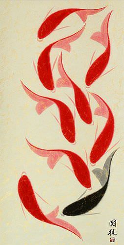 Large Nine Abstract Koi Fish Asian Scroll close up view