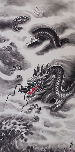 Flying Chinese Dragon - Asian Scroll close up view