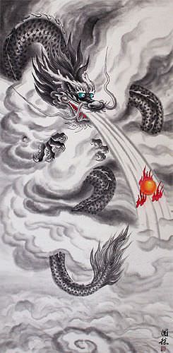 Flying Chinese Dragon - Asian Scroll close up view