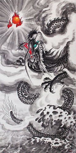 Chinese Dragon in Flight - Asian Scroll close up view