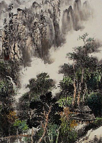 Village Home Landscape Wall Scroll close up view
