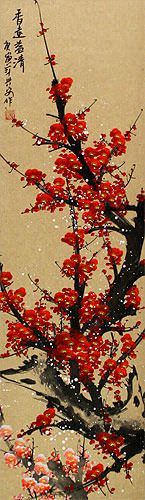 Red Plum Blossom Colorful Wall Scroll close up view