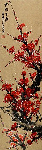 Vivid Red Plum Blossom Wall Scroll close up view