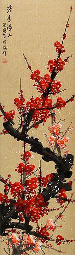 Red Plum Blossom Wall Scroll close up view