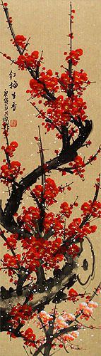 Colorful Red Plum Blossom Wall Scroll close up view