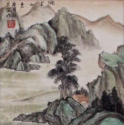 Scenic Lake and Mountain - Landscape Wall Scroll close up view