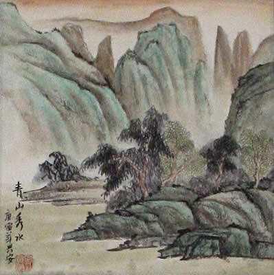 Scenic Lake and Mountains - Landscape Wall Scroll close up view