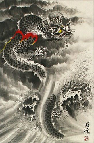 Flying Chinese Dragon in Clouds - Asian Scroll close up view