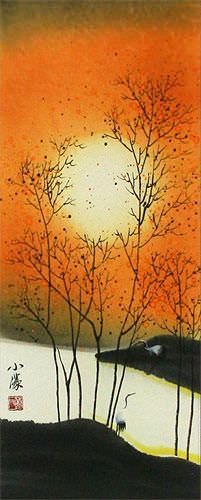 Sounds of Autumn Cranes Wall Scroll close up view