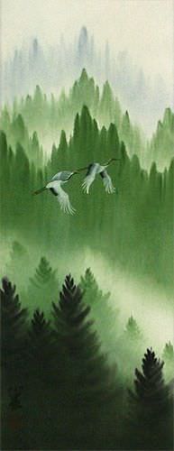 Companions Asian Cranes Landscape - Small Wall Scroll close up view