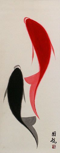 Abstract Yin Yang Koi Fish Wall Scroll close up view