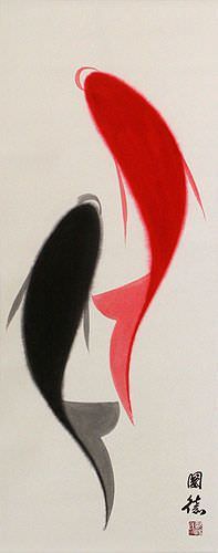 Abstract Yin Yang Fish Wall Scroll close up view