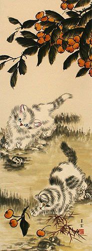 Chinese Kittens - Oriental Art Scroll close up view