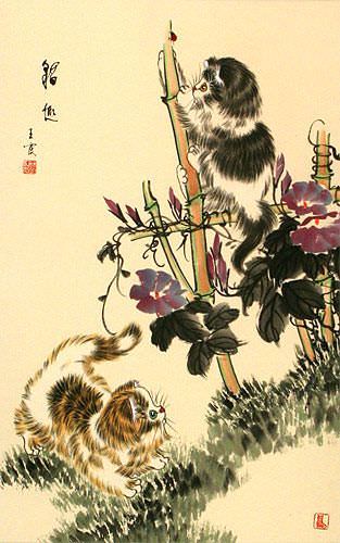 Asian Kittens - Chinese Scroll close up view